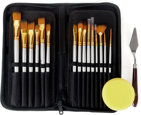 15 Pieces Paint Brush Set,with Palette Knife and Sponge and Carrying Case, for Acrylic, Oil, Watercolor and Gouache Painting...