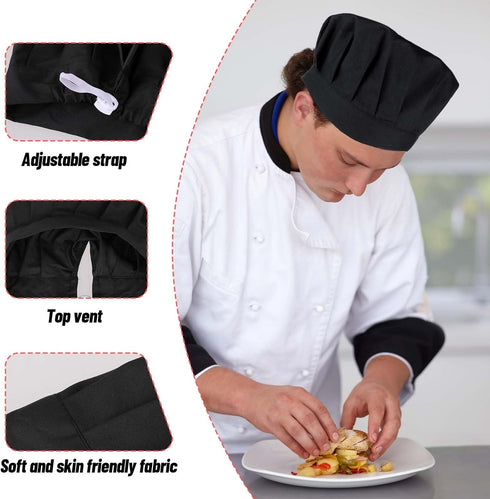 3 Pack Black Chef Hats Caps Hibachi Hats Adult Baker Chef Works Hats Womens, Chef Cap Reusable Cooking Hat for Men, Adjustable Washable Pizza Hat,...