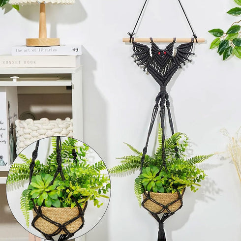 Macrame Gothic Bat Hanging Planter Decor, Bat Macrame Hanger for Various Plants from Potted Succulents and Air Plants, Boho & Witchy Room Decor, U...