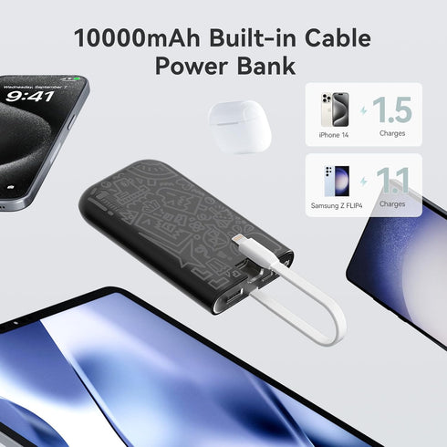 imuto Graffiti Style Portable Charger with Built-in Lightning Cable,22.5W Fast Charging 10000mAh Power Bank LED Display,Travel Essentials,Battery ...