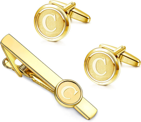Helicopchain Initial Cufflinks and Tie Clips Set for Men Personalized Shirt Gold Cuff Links and Tie Bar Alphabet Letter A-Z with Gift Box for Wedd...