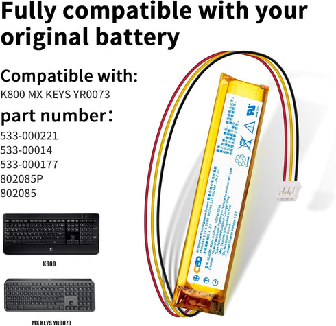 CBQ 1500mAh MX Keys Replacement Battery for MX Keys K800 YR0073, 802085P 802085 533-000177 533-000221 533-000141,Wireless Keyboard Mouse Replaceme...