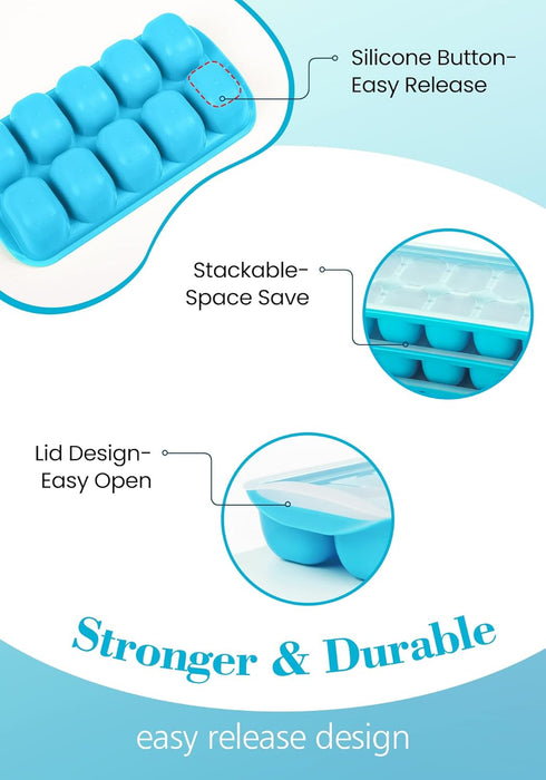 DOQAUS Ice Cube Tray with Lid and Bin, 4 Pack Ice Trays for Freezer, Easy Ice Pop Out Silicone Ice Cube Trays for Freezer with Cover, Stackable St...