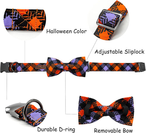 Halloween Dog Collar, Pet Collar Dog Bow Plaid Dog Collar Girl Boy Holiday Pet Dog Collar Gift Bow Dog Collar Cute Soft Puppy Collar for Large Dog...