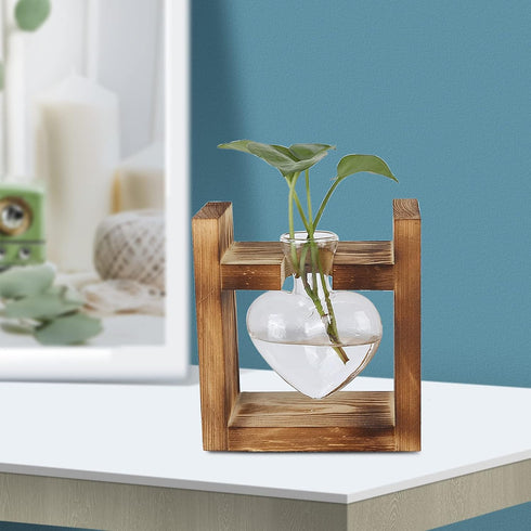 Plant Terrarium with Wooden Stand,Heart Shaped Transparent Glass Vase Flower Pot Hydroponics Plant Propagation Station for Hydroponics Plants Home...