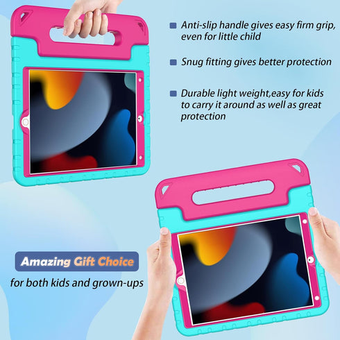 LTROP Kids Case for iPad 9th/ 8th/ 7th Generation (2021/2020/ 2019), iPad 10.2 Handle Stand Case - Turquoise and Rose...