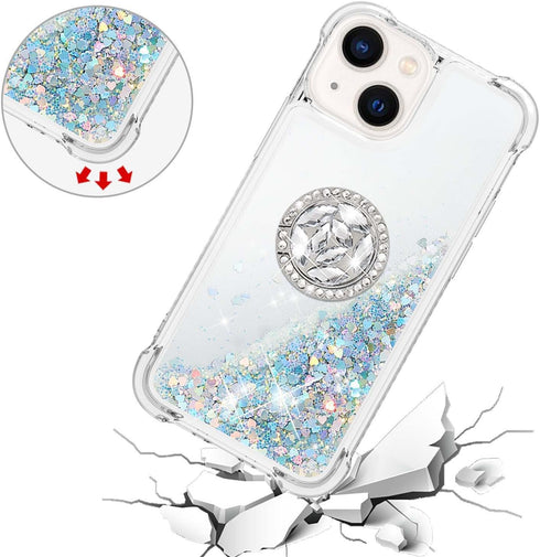 CCSmall Glitter Clear Sparkly Bling Case for Apple iPhone 15, Flowing Liquid Quicksand Cover with Diamond Ring Holder Case for iPhone 15 LSZ Silve...
