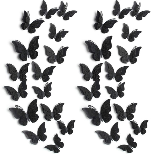 Outus 120 Pieces Black 3D Layered Butterfly Wall Decor Removable Butterfly Stickers Hollow Mural Decals for Birthday Cake Decorations Crafts Bouqu...