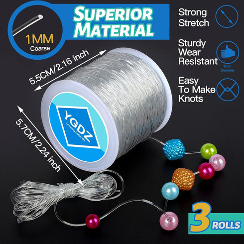 1mm Bracelet String, YGDZ 3 Rolls Bead String Stretch Cord Clear Crystal Elastic String for Jewelry Making Bracelets (100m/Roll)...
