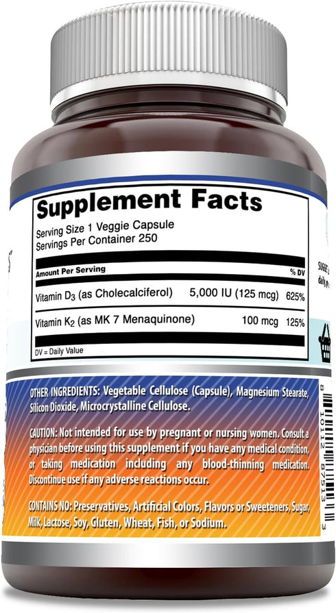 Amazing Formulas Vitamin D3 5000 IU with Vitamin K2 100 Mcg| 250 Veggie Capsules | D3 + K2 Complex | Non-GMO | Gluten Free | Made in USA...