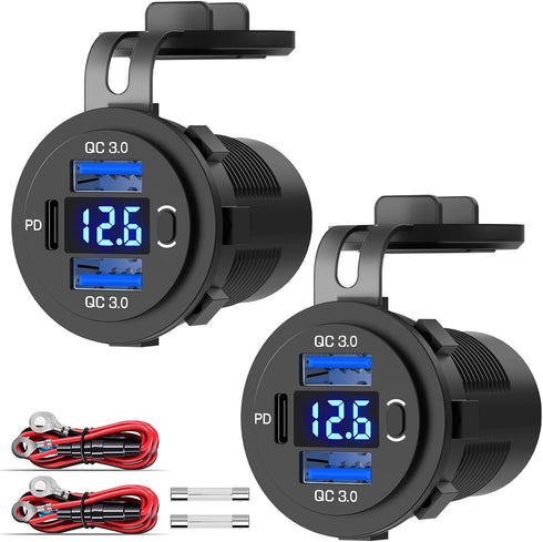 12V USB C Car Charger Socket 2 Pack: Dual Quick Charge 3.0 & PD USB C Car USB Ports 12 Volt USB Outlet with Voltmeter and Power Switch DIY Car Soc...