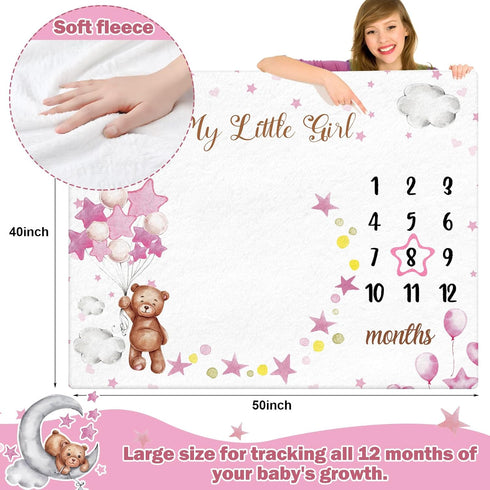Sleeping Bear Monthly Baby Milestone Blanket Bear Star Balloon Flannel Blanket Boy Newborn Infant Swaddle Blanket Growth Chart Baby Blanket with F...