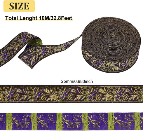 BENECREAT 10.9 Yards 25mm Goldenrod Vintage Jacquard Ribbon, Boho Braid Embroidered Trim for Clothing, Bag, Headbands, Pillowcases, Pet Collar...