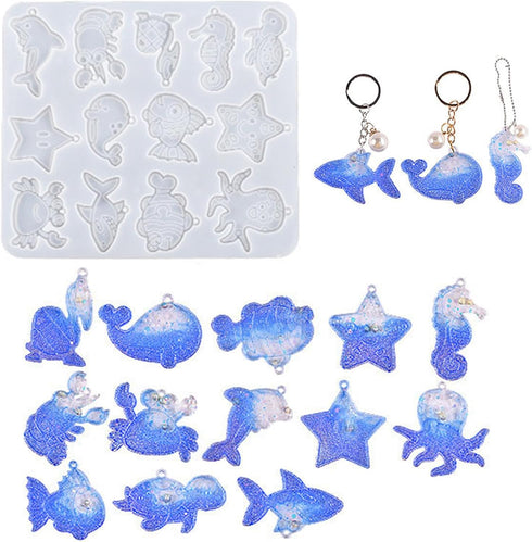 Ocean Series Keychain Resin Silicone Molds Whale Dolphin Seahorse Starfish Shark Crab Casting Molds Jewelry Making Tools for DIY Craft Keychain Ne...