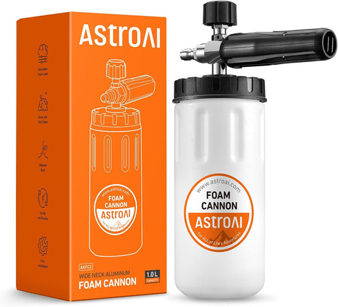 AstroAI Wide Neck Foam Cannon, with 1/4 Inch Quick Connector Plug to Pressure Washer, 1.0mm Orifice,1 Liter Capacity, Orange Lable...
