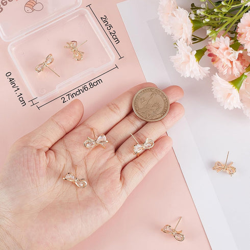 Beebeecraft 1 Box 10Pcs Bowknot Stud Earring Findings 18K Gold Plated Clear Cubic Zirconia Earring Posts with Loop and Butterfly Earring Backs for...
