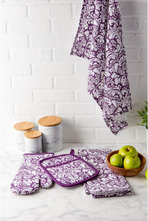DII Quilted Kitchen Oven Mitt & Potholder Set, Hanging Loop for Convenient Storage, OM 6.5x12/PH 8x8.5, Eggplant Damask Print, 2 Piece...