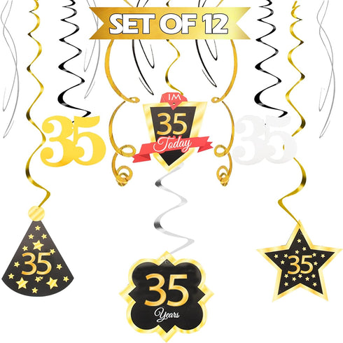 LINGTEER Happy 35th Birthday Decorations - 12 Pcs Birthday Black & Gold Foil Swirls Streamer Set,Cheers to 35 Years Old Bday Party Gift Decoration...