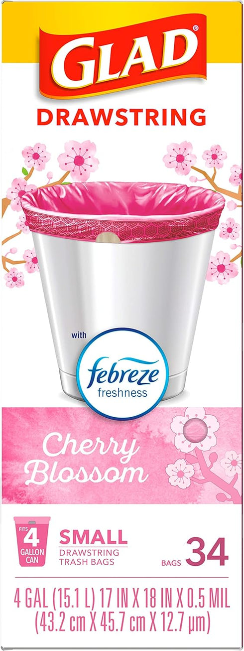 Glad Trash Bags, OdorShield Small Drawstring Garbage Bags, 4 Gallon Trash Bag, Febreze Cherry Blossom, 34 Count (Package May Vary)...
