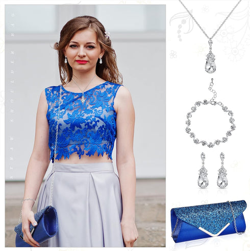 Jadive 4 Pcs Clutch Purses Bag for Women Evening Rhinestone Jewelry Set Bling Necklace Earrings Bracelet for Prom...
