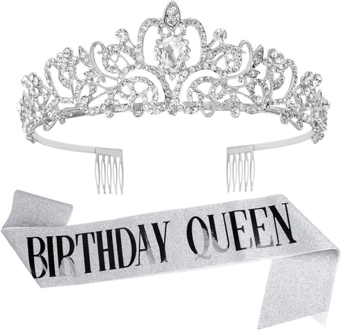 VELSCRUN Tiara for Women Silver, Happy Birthday Queen Tiara, Crown for Girls with Birthday Girl Sash, Crowns for Women with Rhinestone...