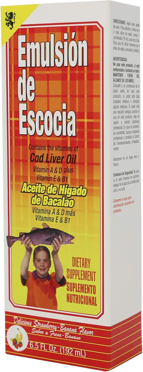 EMULSION DE ESCOCIA Cod Liver Oil Liquid, Strawberry-Banana Flavor, Fish Oil Liquid with Vitamins A, D, E & B1 for Kids & Adults, Immune & Bone He...