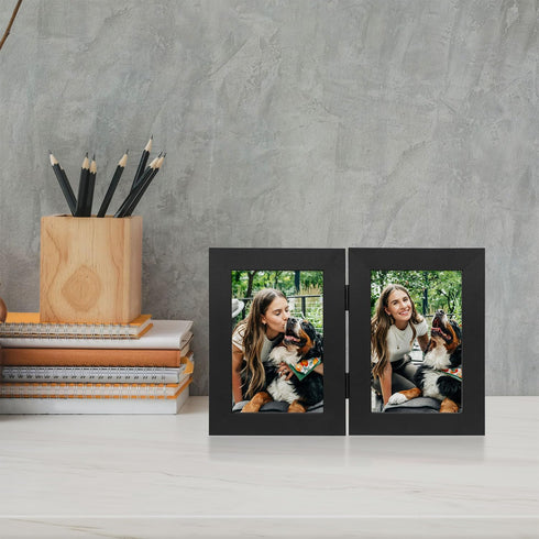 Frametory, 4x6 Double Picture Frame - Real Glass Hinged 2 Photos Collage, Desktop Picture Frame Standing Vertical (White, 1 Pack)...