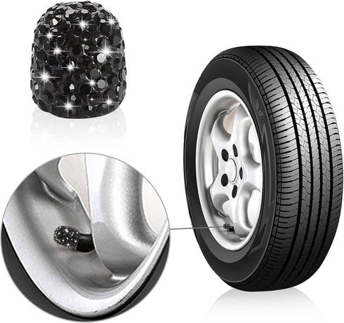 Set of 4 Rhinestone Tire Valve Stem Caps Bling Car Accessory Compatible with Universal Wheel Air Stem Valve Black...