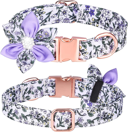 Dog Collar,Girl Dog Collar Puppy Collar Floral Pattern Dog Collar Cute Dog Collar with Detachable Rhinestone Flower for Female Dogs Small Medium L...