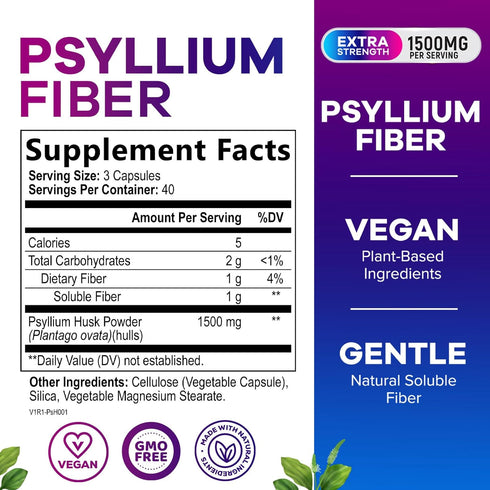 Psyllium Husk Powder Caps 1500mg - Non-GMO, Natural Soluble Fiber for Daily Digestive Health & Regularity Support, Vegan Psyllium Fiber Supplement...