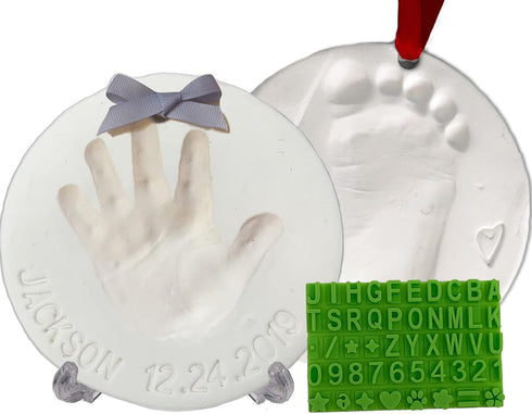 Baby Handprint Footprint Keepsake Ornament Kit (Makes 2) - Bonus Stencil for Personalized Christmas, Newborn, New Mom & Shower Gifts. 2 Easels! No...