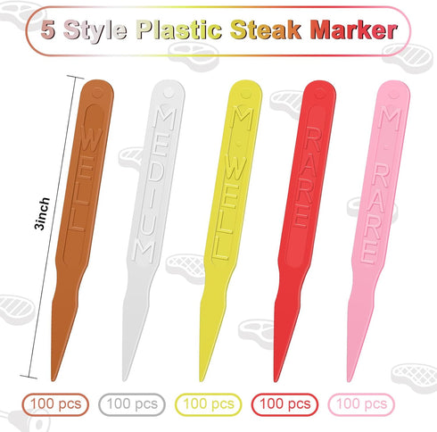 500 Pcs 3 Inch Plastic Steak Markers Colorful Plastic Meat Doneness Picks Steak Temperature Sticks Rare, Medium Rare, Medium, Medium Well, Well fo...