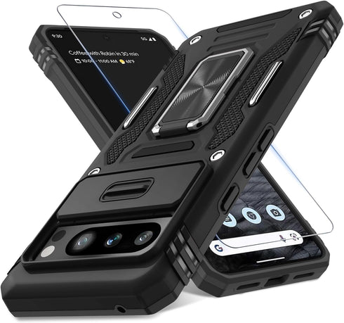DEERLAMN for Google Pixel 8 Pro Case with Slide Camera Cover+Screen Protector (1 Pack), Rotated Ring Kickstand Military Grade Shockproof Heavy Dut...