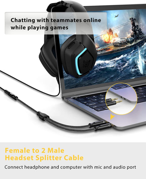 Headset Splitter Cable for PC 3.5mm Crystal-Nylon Braid 3.5mm Female to Dual 3.5mm TRS Male Headphone Mic Audio Y Splitter Cable CTIA Gaming Heads...