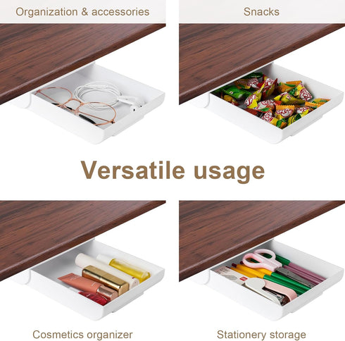 2 Pcs Under Desk Drawer, Self-Adhesive Hidden Desktop Organizer, Attachable Plastic Desk Drawer Slide Out, Table Storage Tray for Pencil Pen Stati...