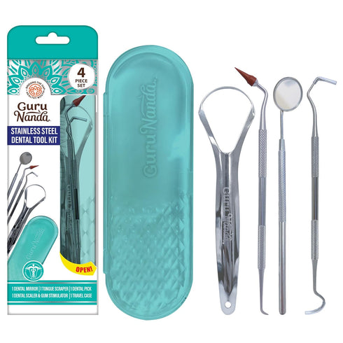 GuruNanda Professional 100% Stainless Steel Dental Kit with Tongue Scraper, Dental Mirror, Dental Scaler & Gum Stimulator - 4 Piece Dental Tools S...