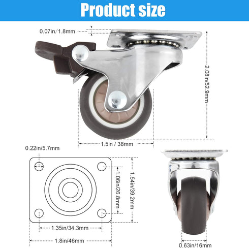 Nefish 1.5 Inch Caster Wheels Rubber Castor with Brake 360 Degree Rotation Top Plate Swivel Casters for Furniture, Table and Toolbox, 300 Pounds C...