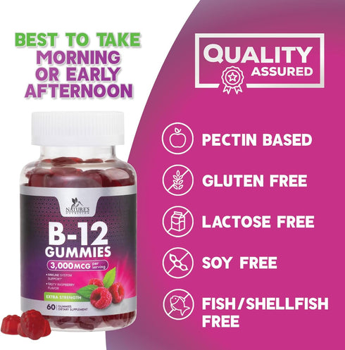 B12 Gummies for Adults, Extra Strength Energy 3000 mcg - B-12 Energy Metabolism & Immune System Support - Chewable Dietary Supplement for Adults &...