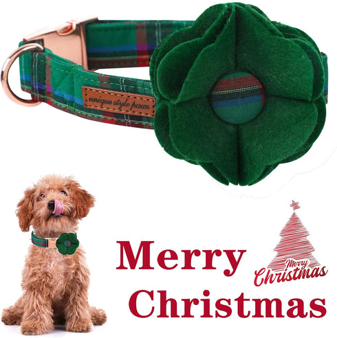 Unique style paws Dog Collar with Removable Felt Flower Tie Winter Christmas Green Plaid Pet Collar for Small Medium Large Girl Boy Dogs-S...
