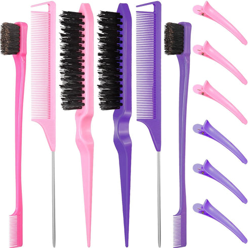 12 Pieces Hair Brush Set, Nylon Teasing Hair Brushes 3 Row Salon Teasing Brush, Double Sided Hair Edge Brush Smooth Comb Grooming, Rat Tail Combs ...