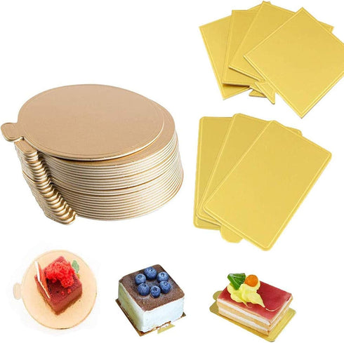 100-Pack Mini Cake Base Boards, Gold Mousse Cake Cardboard Set, Ideal for Dessert Buffet, Wedding, Parties, Catering Supplies (mixing set)...