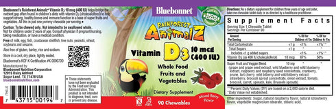 Bluebonnet Nutrition Rainforest Animalz Vitamin D3 400 IU Chewable Tablet, Soy, Dairy & Gluten-Free, Non-GMO, Kosher Certified, Vegetarian Friendl...