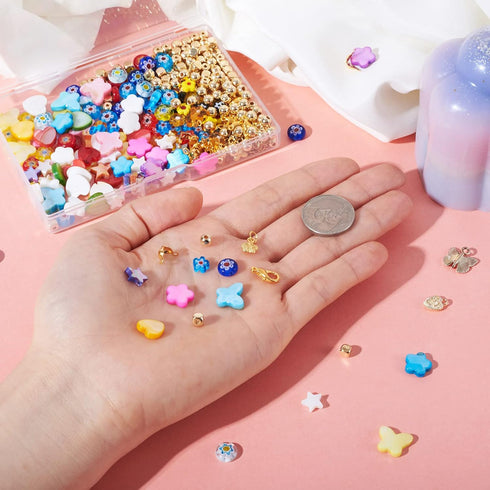 Cheriswelry Box of DIY Jewelry Making Finding Kit with Natural Shell Beads Millefiori Glass Beads Alloy Charms Plastic Beads Jump Rings Lobster Cl...