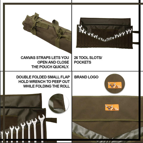 Wrench Pouch SAE & Metric Wrenches Tools Bag Organizer Roll Up Pouch 26 Pockets Hand Crafted, Heavy Weight, Water Proof Ballistic Polyester Oxford...