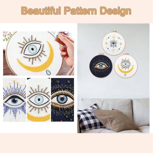 Anidaroel 3 Sets Evil Eye Embroidery Starters Kit for Beginners, Stamped Cross Stitch Kits for Beginners Adults Include Embroidery Cloth, Embroide...
