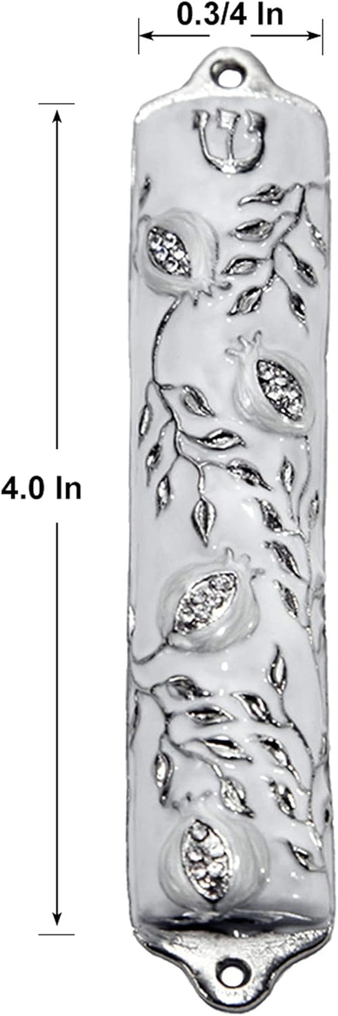 Mezuzah Case - Mezuzah Cover, Pomegranate Tree Design Crafted in Pewter, Jerusalem Judaica, Door Mezuza Case 4" White Wedding Color...