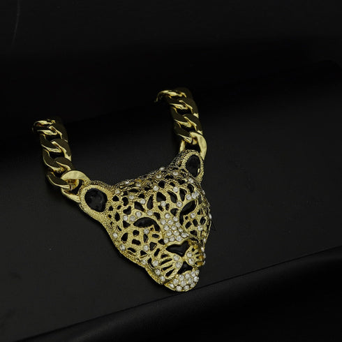 Chunky Cuban Chain Leopard Pendant Choker for Women Men,Animal Cheetah Iced Out Charm Necklace with 14K Gold Plated Link,Faux Diamond Bling Bold S...