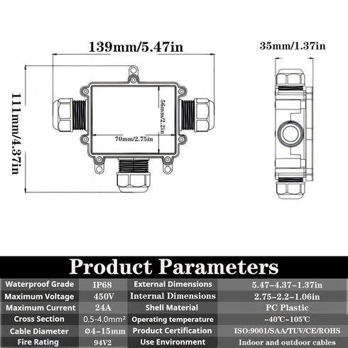 FDG Outdoor Waterproof IP68 Junction Box, 3-Way Plug Wire External Electrical Junction Box, Cable Connector Wire Diameter 4-14mm (2PCS)...