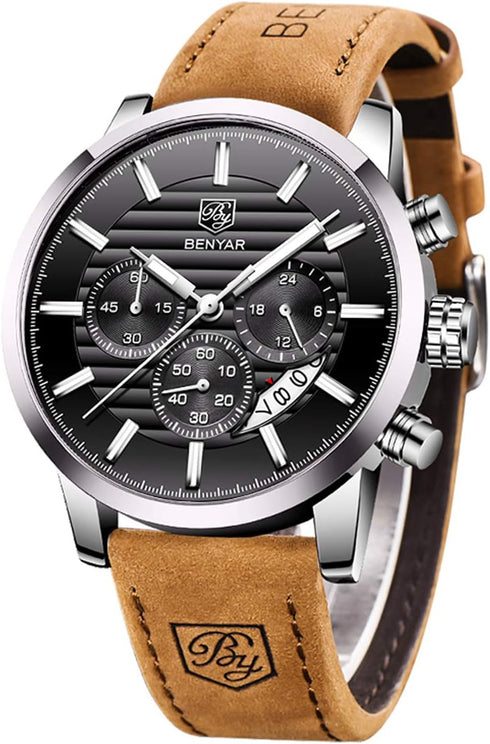 BENYAR Quartz Chronograph Waterproof Watches Business and Sport Design Leather Band Strap Wrist Watch for Men...