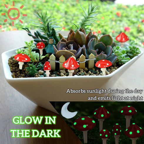 Juegoal Set of 6 Fairy Garden Miniature Mushrooms Statues, Glow in Dark Mini Red Mushroom Resin Figurines, Outdoor Garden Yard Art Accessories, Fl...